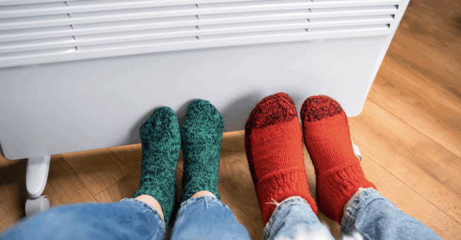 Photo Bat Confort confort thermique Deux personnes en chaussettes colorées, l'une portant des chaussettes vertes et l'autre des chaussettes rouges, réchauffent leurs pieds devant un radiateur blanc sur un sol en bois.