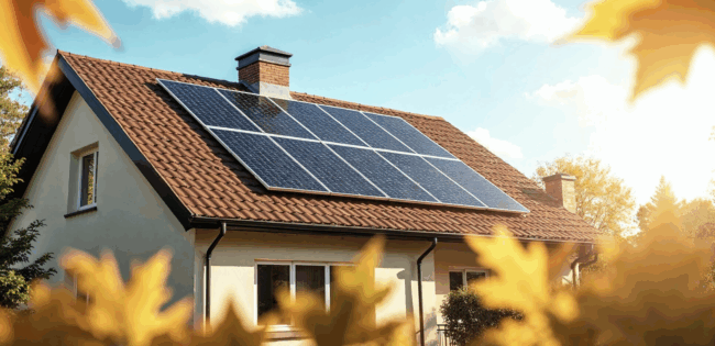 Installation de panneaux solaires sur maison individuelle : efficacité et économies d’énergie Maison moderne avec des panneaux solaires installés sur un toit en tuiles rouges, baignée de lumière sous un ciel bleu. Des feuilles d’automne jaunes encadrent la scène, suggérant une saison ensoleillée et écoresponsable.
