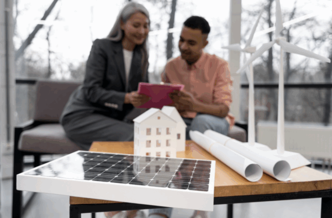 Projet d’architecture durable et énergies renouvelables Deux personnes discutent autour d’une tablette, avec sur la table une maquette de maison, un panneau solaire miniature, des plans roulés, illustrant un projet lié aux énergies renouvelables