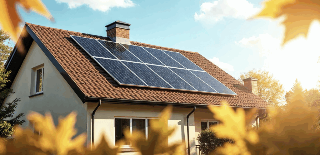 Maison moderne avec des panneaux solaires installés sur un toit en tuiles rouges, baignée de lumière sous un ciel bleu. Des feuilles d’automne jaunes encadrent la scène, suggérant une saison ensoleillée et écoresponsable.