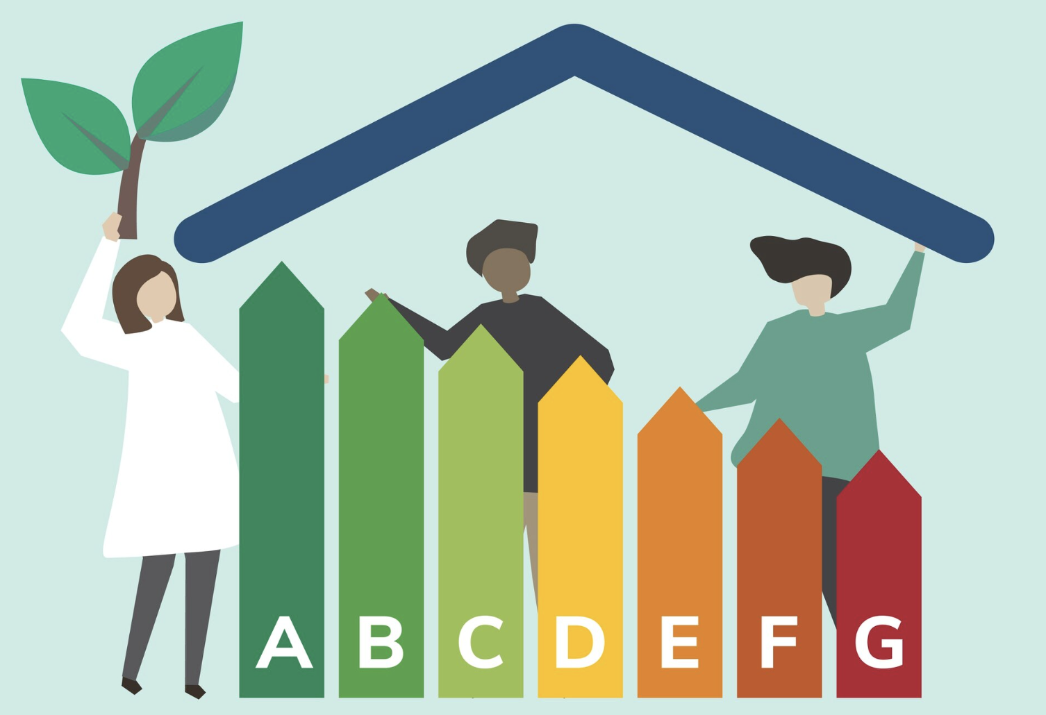 Illustration de l’étiquette DPE avec des personnages et des flèches colorées de A à G représentant la performance énergétique d’un logement, sous un toit stylisé.