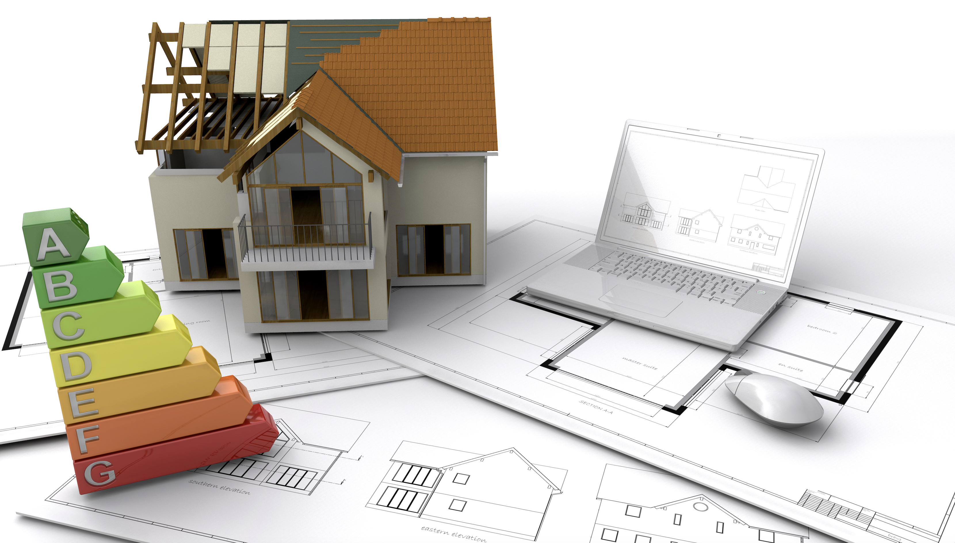 Maquette 3D d’une maison en construction posée sur des plans d’architecte, avec un graphique coloré de performance énergétique de A à G et un ordinateur portable affichant des dessins techniques.