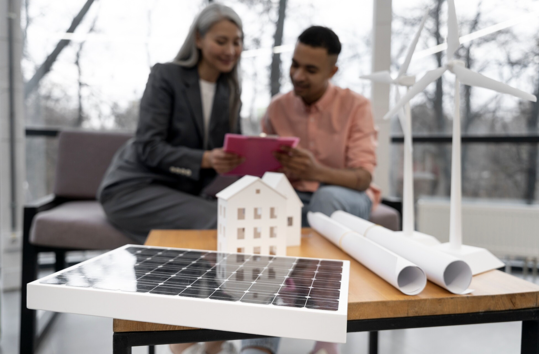 Deux personnes discutent autour d’une tablette, avec sur la table une maquette de maison, un panneau solaire miniature, des plans roulés, illustrant un projet lié aux énergies renouvelables